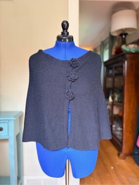 Black Knit Flower-Button Cape Sweater - Women